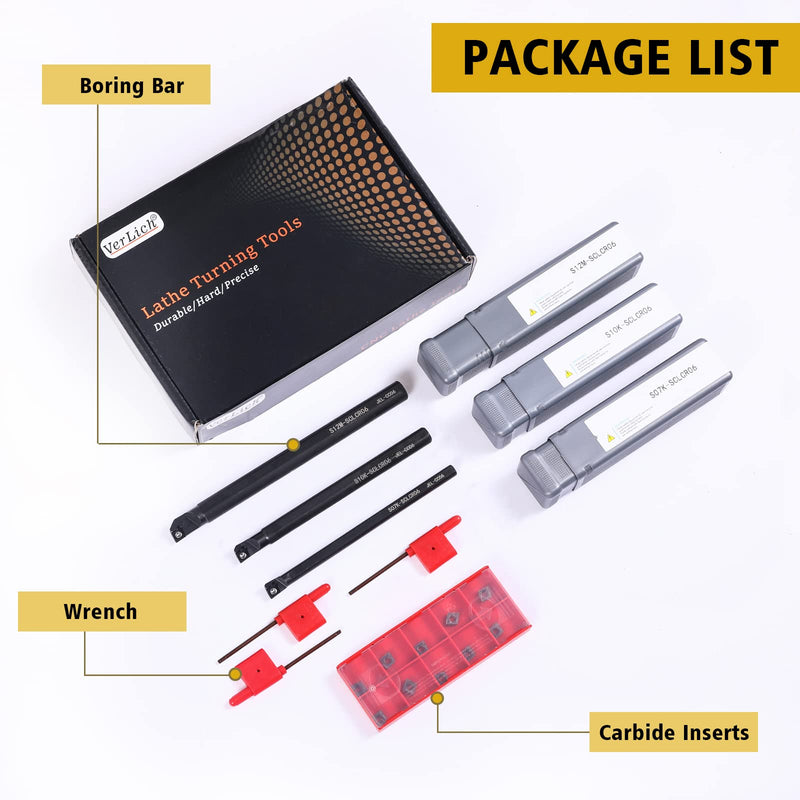 VerRich 13 Pcs Indexable Lathe Turning Tool Kit,3pcs Lathe Boring Bars S07K/S10K/S12M-SCLCR06 and 10Pcs Carbide Inserts CCM21.51/CCMT060204