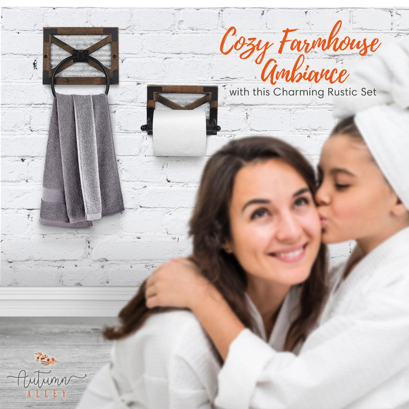 Autumn Alley Rustic Farmhouse Toilet Paper Holder and Towel Ring Rack Set, Wall Mount Farmhouse Wooden Toilet Paper Holder and Bathroom Hand Towel Holder- Farmhouse Bathroom Accessories Set