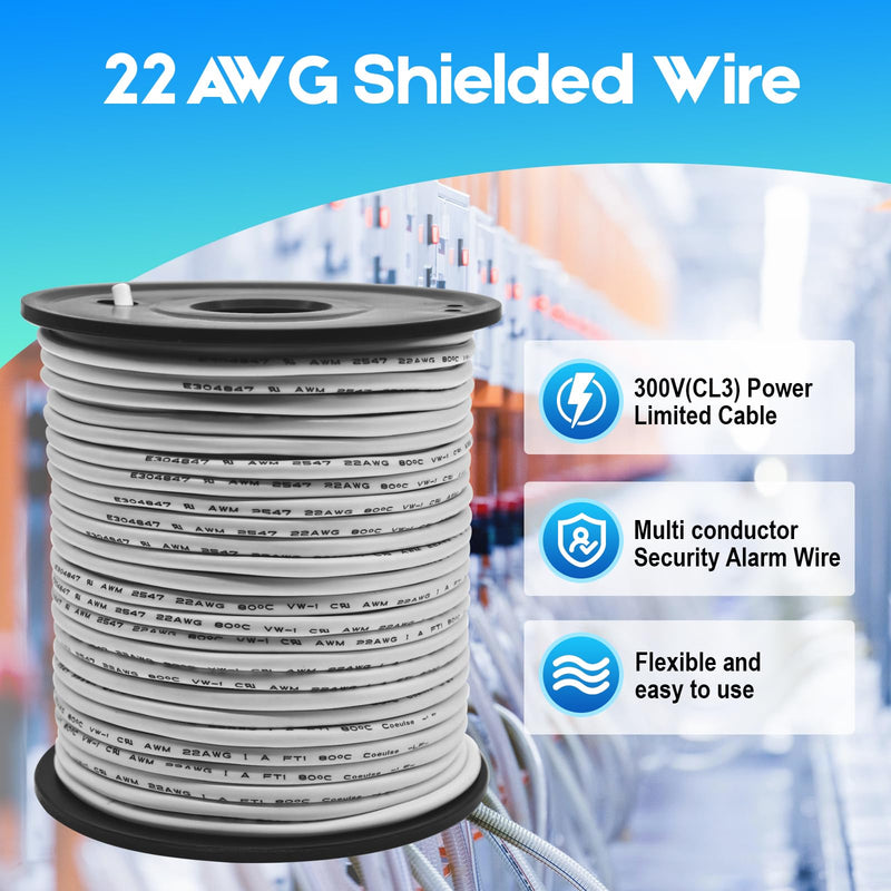 22/6 Shielded Wire 50FT CL3P Jacket Pure Copper Wire, Spool 22 Gauge 6 Conductor Stranded Plenum Cable for Security Alarm Access Control Sound 50 Feet 6C 22AWG