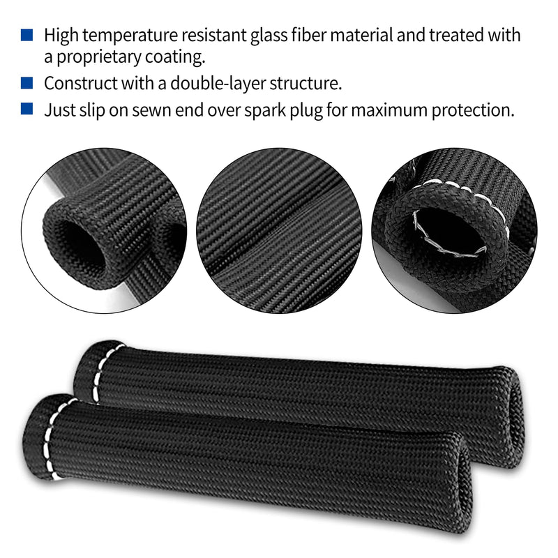 Spark Plug Wires Boots Heat Shields, 1500° Protector Covers Sleeves 6 Inch Automotive Spark Plugs Heat Shields Cover for SBC BBC 350 454 &16Pcs Stainless Steel Wire Ties (8 Pcs, Black)