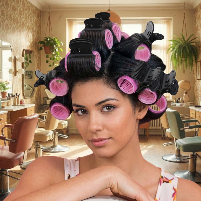 16 Pcs Self Grip Hair Rollers Set 8 Self Grip Rollers and 8 Hot Roller Clips Black Hair Curler Claw Clip Versatile Hairs Roller Clip Effortless Curls and Waves for Women Long Medium Short Hairs Bangs