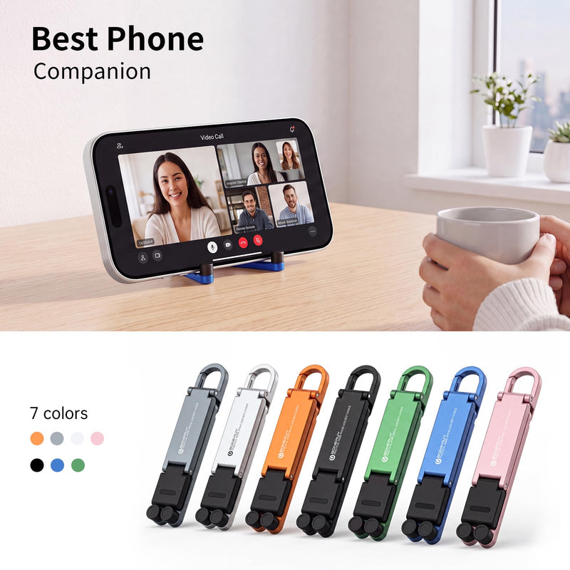Portable Foldable Pocket Phone Stand with Keychain for Desk Travel(Blue) | Mini aluminum, adjustable kickstand, lightweight metal, slim compact for office, plane Blue