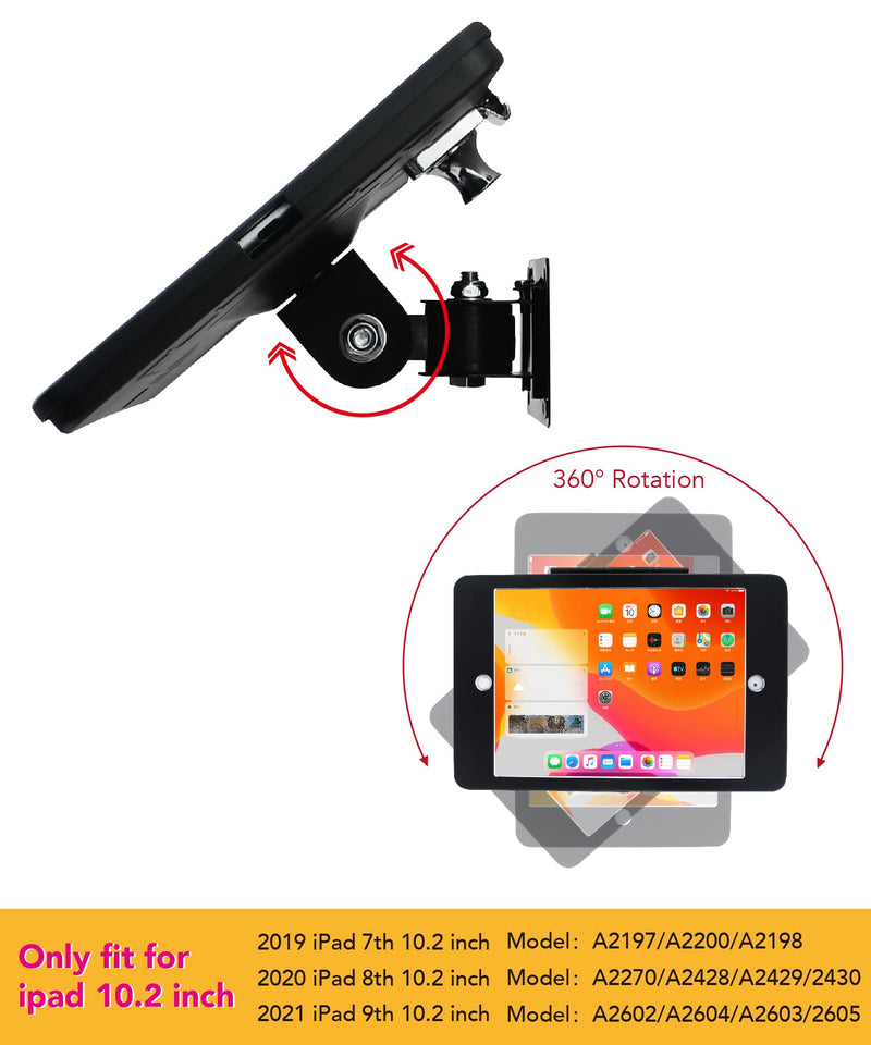 Tablet On Wall Mount Bracket for iPad 10.2-Inch (9th,8th,7th Gen.),with Anti Theft Security Lock and Key, Rotate Design Arbitrary Adjustment,Multi Angle,Metal,(Black) Black