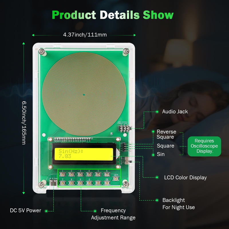 0.01Hz-200kHz Adjustable Frequency Generator for Healing Schumann Sine Waves Resonance Generator 7.83Hz Ultra Low Frequency Generator Resonator with Acrylic Case Green
