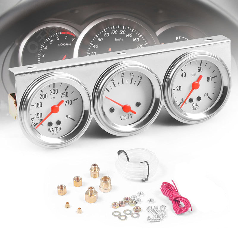 2'' 52mm Universal Chrome 8V to 16V Volt Gauge,100 to 280℉ Water Temp Temperature Gauge, 0 to 100 PSI Oil Pressure Gauge, Meter 3in1 Triple Gauge Set Gauges Kit