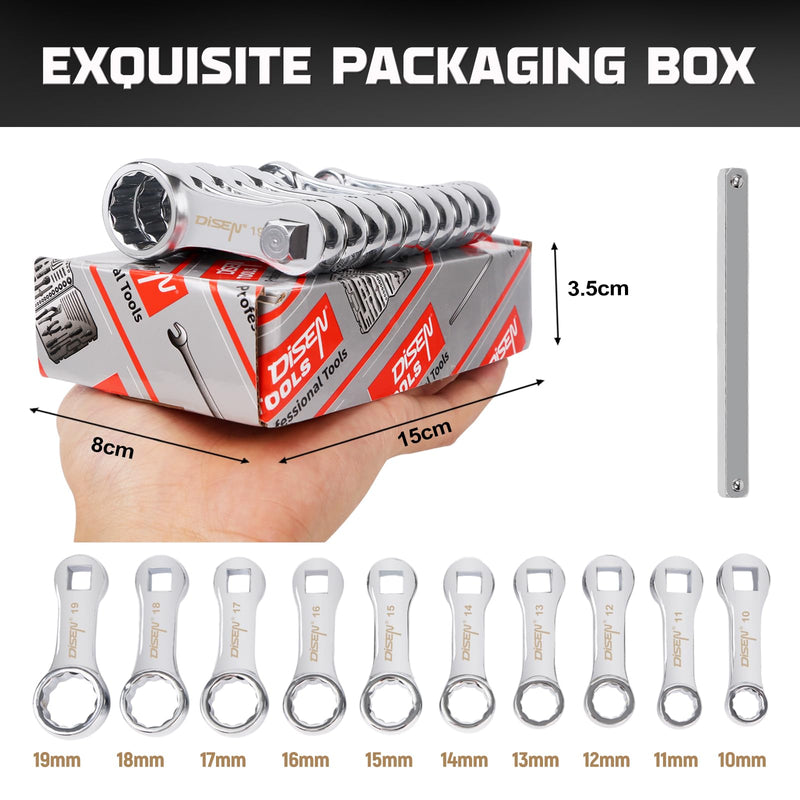 DISEN 10-Piece Metric Torque Wrench Adapter Set (10-19mm) - Chrome Vanadium Steel, 3/8-inch Square Drive Torque Adapter, Extension Rod Repair Tool, Color Box Packaging