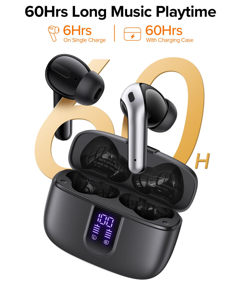 TAGRY Bluetooth Headphones True Wireless Earbuds 60H Playback LED Power Display Earphones with Wireless Charging Case IPX5 Waterproof in-Ear Ear buds with Mic for TV Smart Phone Laptop Computer Sports AI Buds Pro Black