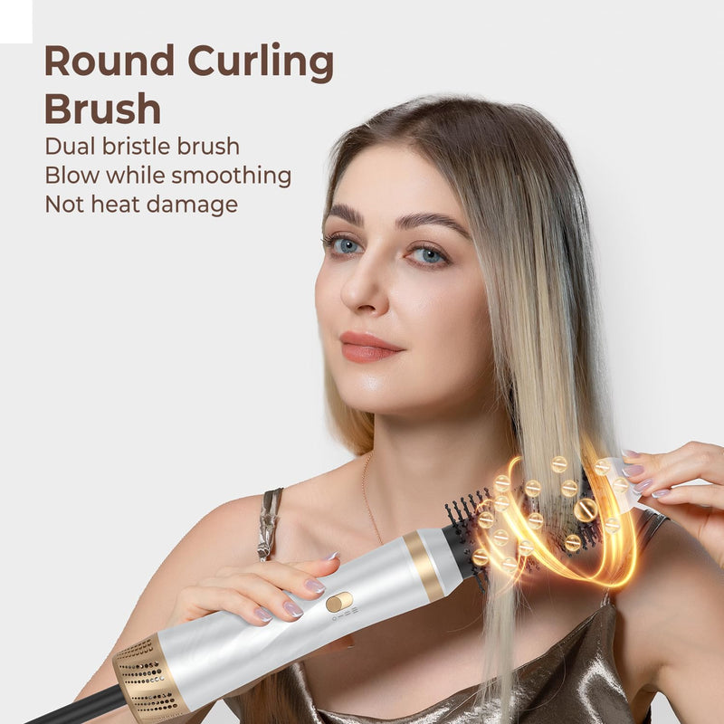 Hair Dryer Brush, 5 in 1 Blow Dryer Brush Set, High Speed Hot Air Styler, Auto Wrap Curlers for Frizz-Free Volume, Multifunctional Hair Dryer for Curling, Straightening, Volumizing (Platinum)
