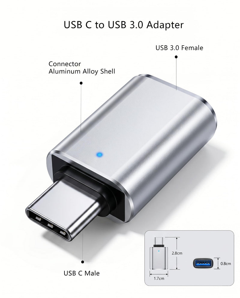 USB C to USB A 3.0 OTG Adapter, Silver, 3 Pack for Data Devices | Instantly connect keyboards or flash drives to your laptop or phone. LED indicator confirms sync status. Compact space-saver. 3-Pack