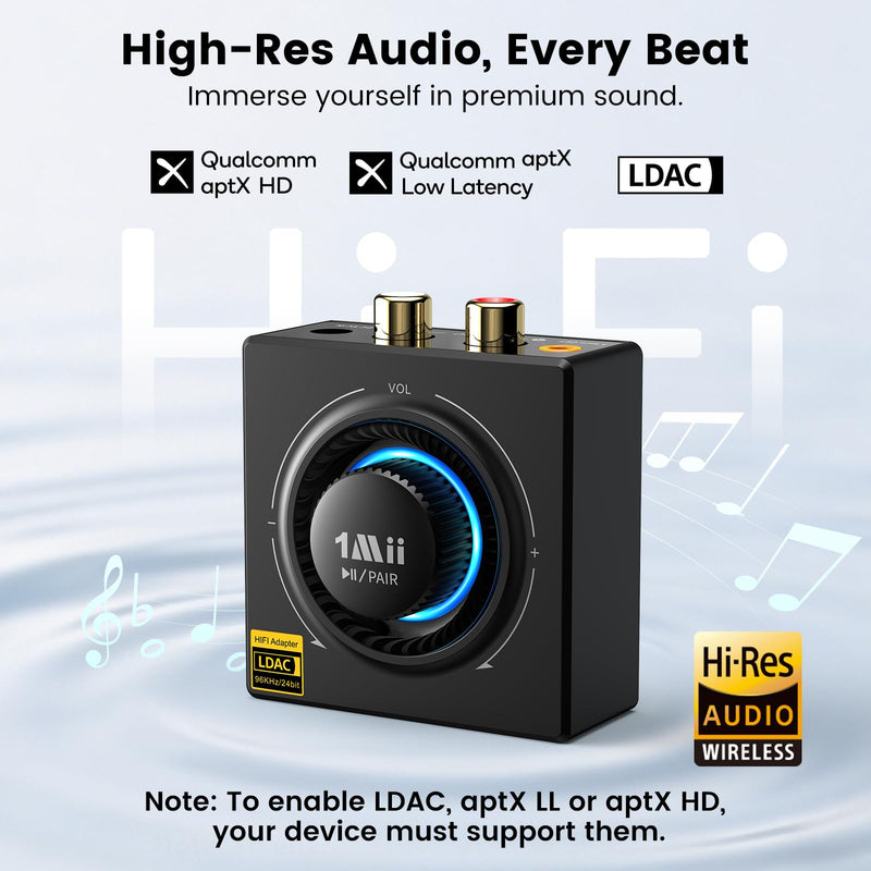 1Mii B06T3+ Bluetooth Receiver with LDAC for Home Stereo, Wired Speakers | Hi-Res Wireless Audio Adapter with aptX Low Latency & HD, Knob Volume Control, RCA/3.5mm AUX for Music Streaming