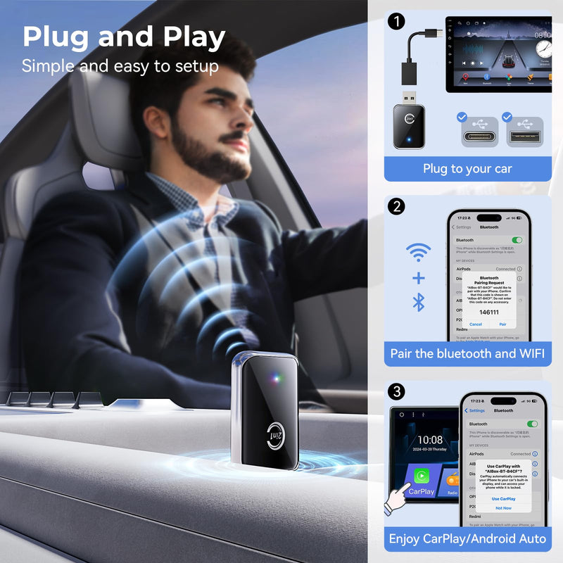 Wireless CarPlay Adapter for iPhone, Convert Wired Car Play to Wireless, 2 in 1 Plug and Play Android Auto and Carplay for Cars with Built-in CarPlay, Support iOS 10 Android 11 and Above (Silver) Silver