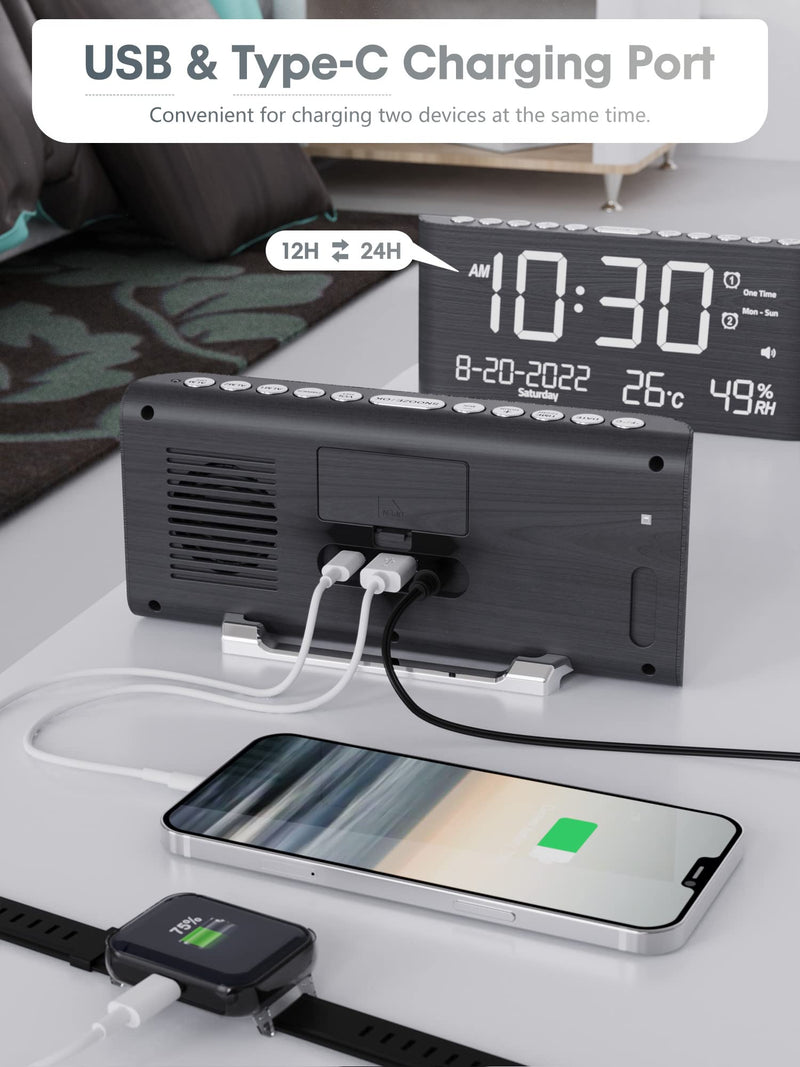 Raynic Alarm Clock, 8.7 Inch Digital Clock, Alarm Clock with USB and Type-C Charger,Dual Alarms,Temperature, Humidity,Date, 5 Adjustable Volume and 5 Dimmer for Bedroom Living Room Office (Grey) Dark Grey