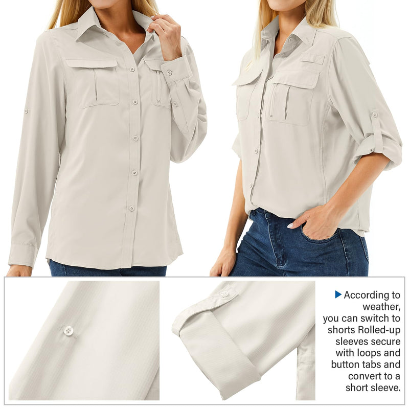 Women's UPF 50 Long Sleeve Sun Protection Shirts Safari Fishing Hiking Large Light Khaki