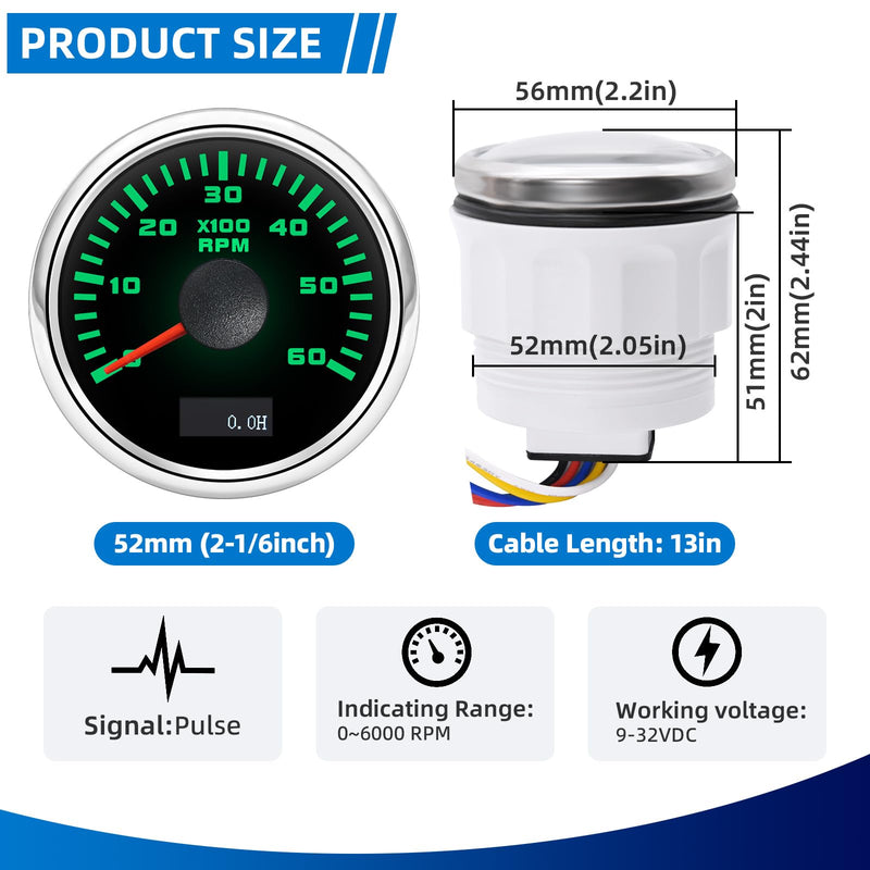 MH Tachometer 2-1/6" 52mm 6000 Tach Boat RPM Gauge 7 Color Waterproof for AUTO Car Truck Marine（Black & Sliver）