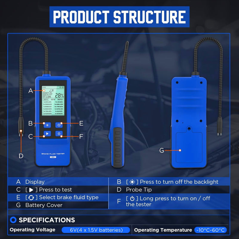T10 Brake Fluid Tester Automotive Digital Brake Fluid Detector Moisture Detector for DOT3 DOT4 DOT5.1, Car Brake Fluid Boiling Point Meter with 2.8" Display Audible Alarm High Precision Probe