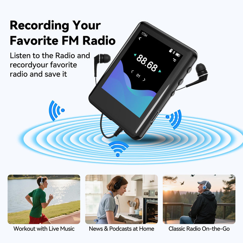 MP3 Player with Bluetooth 5.4, 2.4 inch Touch Screen Music Player with Speaker, FM Radio, Voice Recording, Supports 512GB SD Card and Includes Earphones 16GB