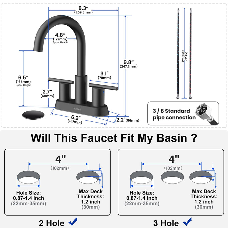 Hurran 4 Inch Bathroom Faucet for Sink 3 Hole, Matte Black Bathroom Faucet with Pop-up Drain and 2 Supply Hoses,Stainless Steel Lead-Free 2-Handle Centerset Faucet for Sink Vanity RV