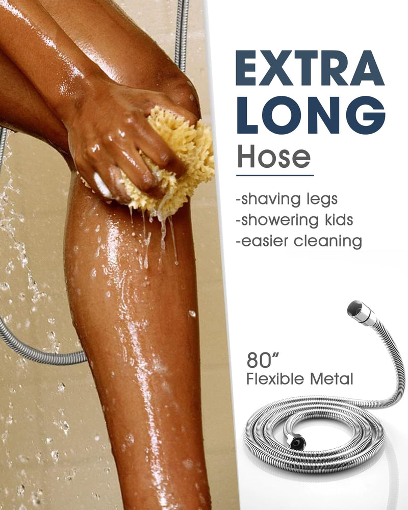 Handheld Shower Head with 6.56ft Extra Long Hose, On Off Switch 8-Seting High Preesure Hand Held Showerhead, Low-Reach Adhesive Holder for Kid, Disable& Elder (Chrome) Chrome