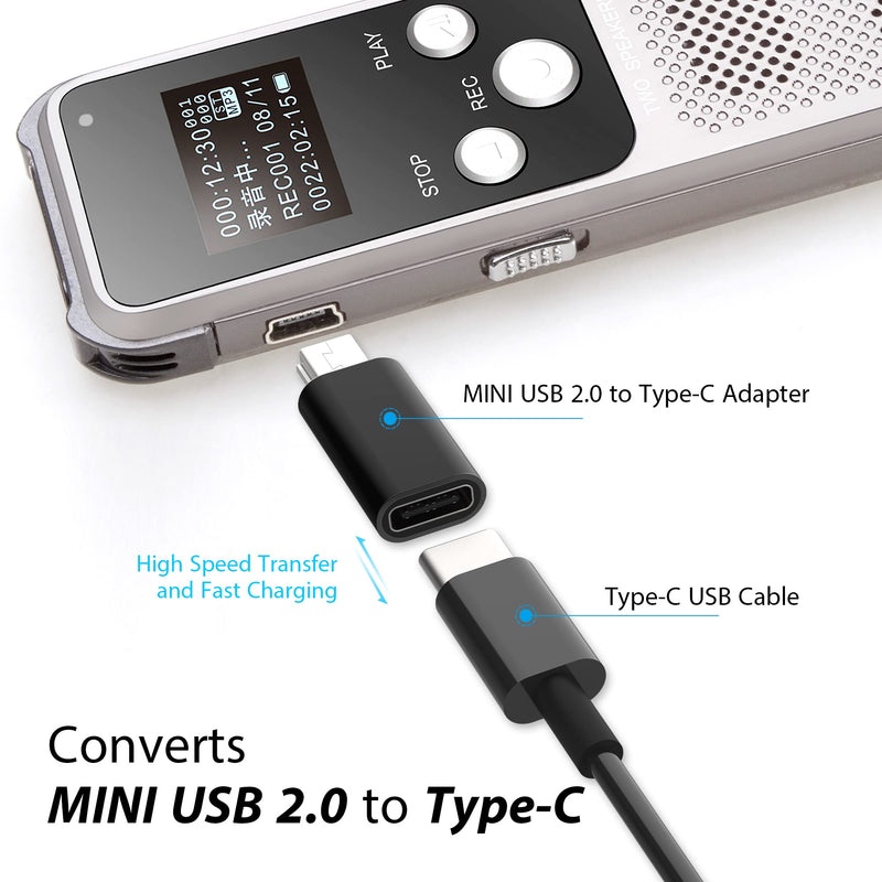 USB C to Mini USB Adapter, Type C Female to Mini USB 2.0 Male Convert Connector Support Charge & Data Sync Compatible GoPro Hero 3+, MP3 Players, Dash Cam, Digital Camera, Receiver etc(2-Pack) Black