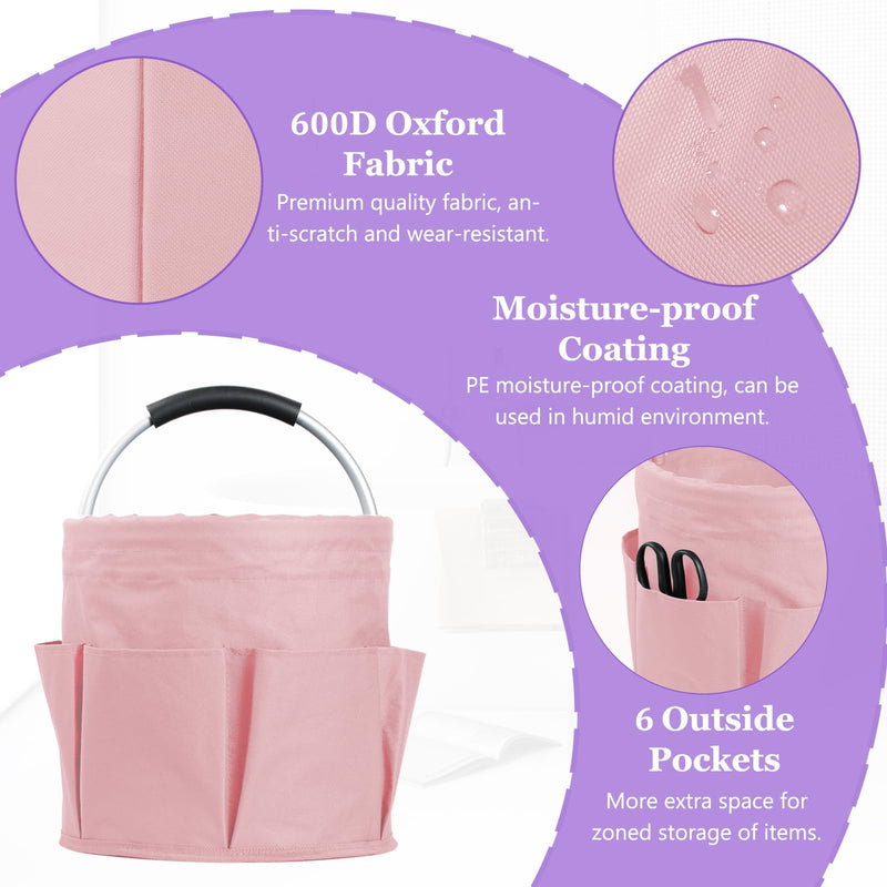 2Pack 17L Foldable Cleaning Supply Caddy for Family, Portable Shower Caddy with Handle and Pockets, Garden Tool Bag in 600D Oxford Fabric, Large Storage Basket for Dorm, Travel, Black + Pink 2PCS