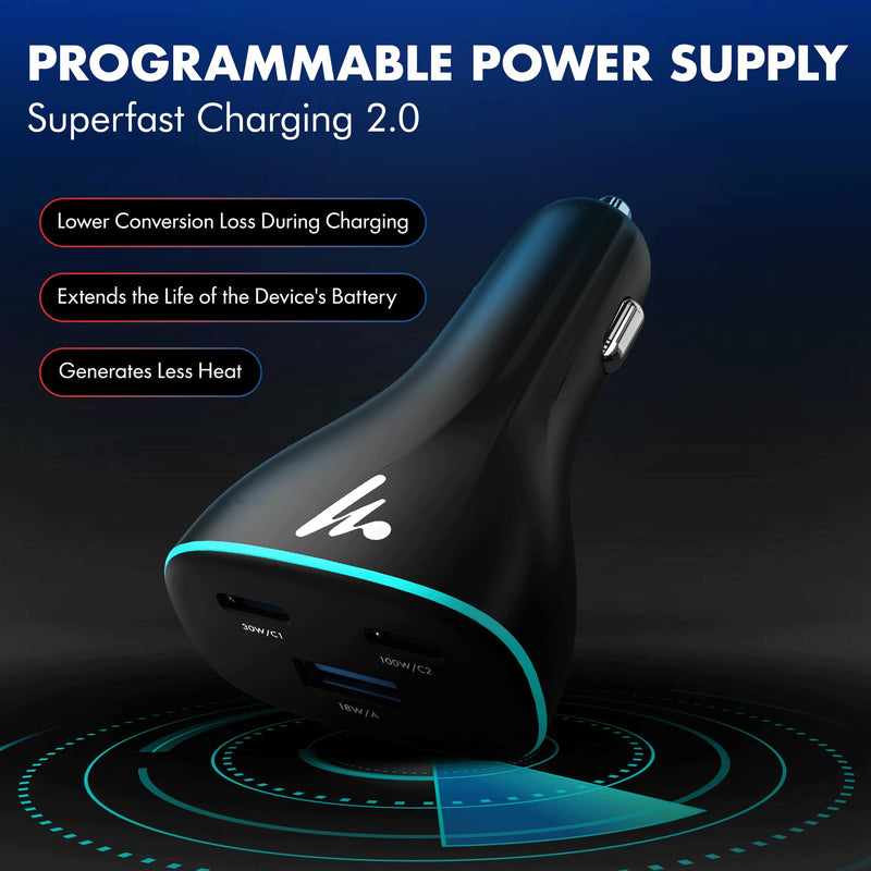 PD 130W Superfast Charging 2.0 Wozoyo Car Charger, with 2XType C & USB-A, PPS & QC 3.0, Triple Port (100W + 30W + 18W), 12V–24V Compatible, Multi-Layer Protection, 2-Years Manufacturer Warranty PD 130W