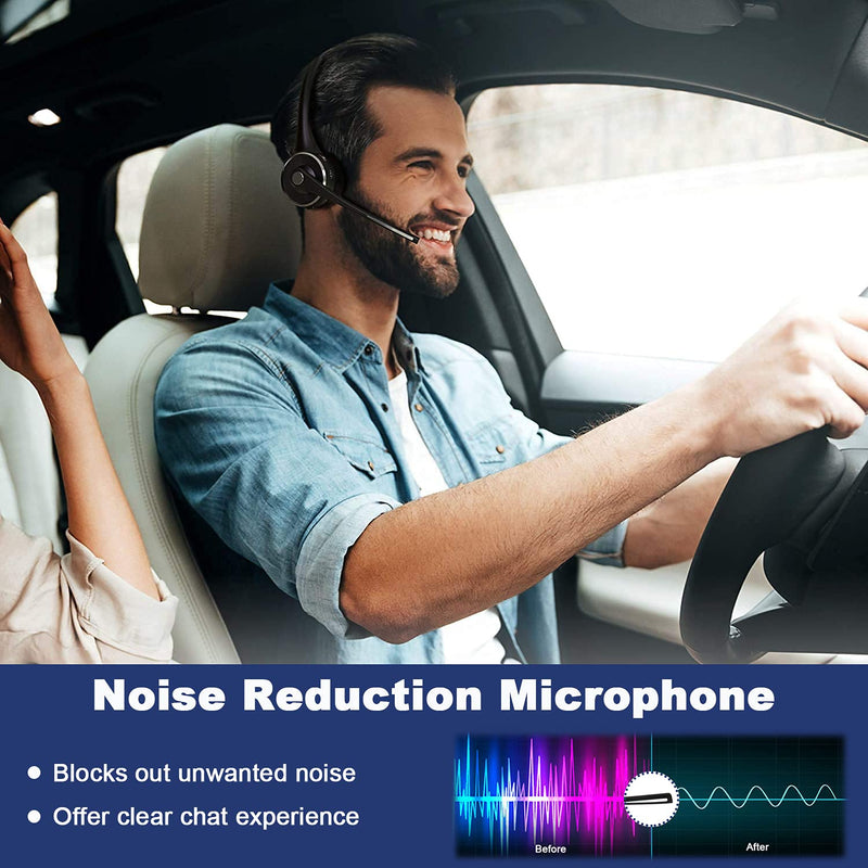 Trucker Bluetooth Headset with Microphone Noise Cancelling, V5.0 Wireless Headset with Charging Base 17 Hrs Talk Time, Black