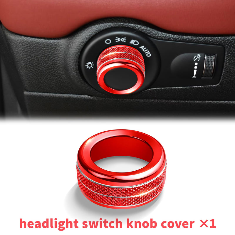 Interior Accessories for Dodge Durango 2021-2025, 6pcs Aluminum Alloy Trim Set - Push Start Button Cover/Ring, A/C, Volume Tune, Headlight Switch Knob Covers (Red) Red