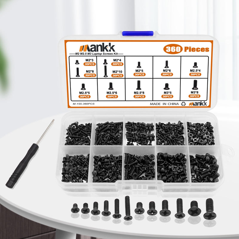 mankk 360PCS Laptop Screws 12 Sizes M2 M2.5 M3 Replacement Computer Tiny Screws Motherboard Screw with Screwdriver for Laptop PC Repair & DIY 360PCS-12 Size