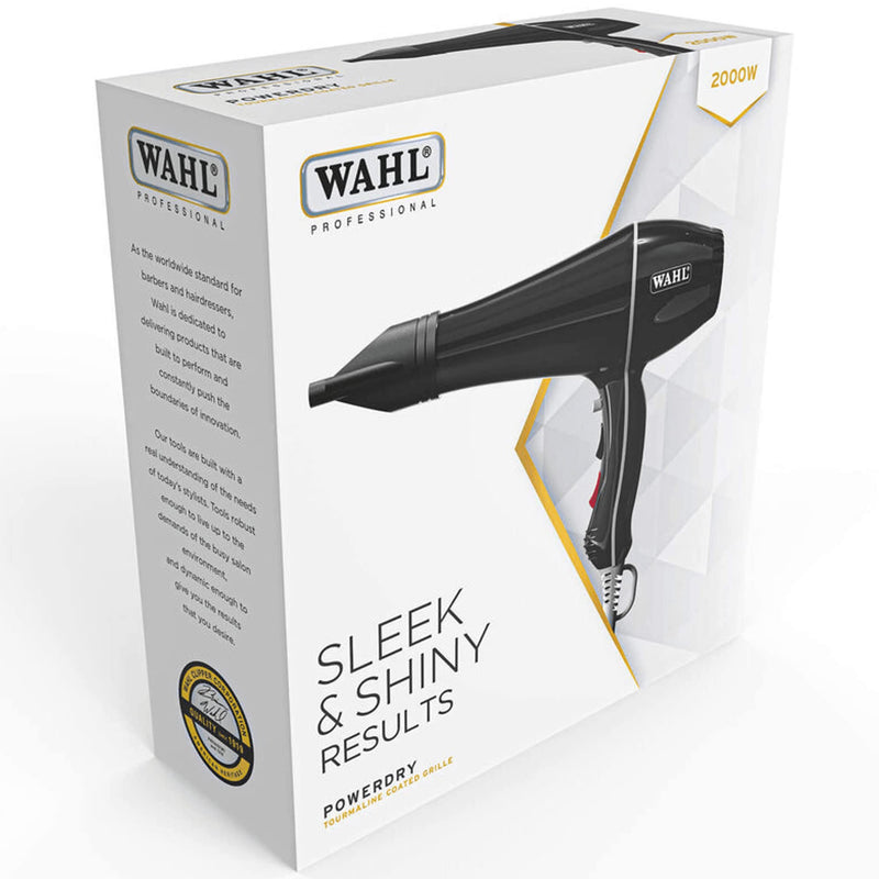 Wahl Powerdry, 2000W Hairdryer, Hair Dryers for Women, Reduces Static and Frizz, Tourmaline Coated Grille, Cool Shot Button, 3 Heat and 2 Speed Settings, Two Concentrator Nozzle, Black 1 Count (Pack of 1)