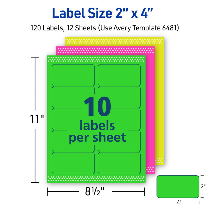 Avery Printable Labels with Sure Feed, 2" x 4", Assorted Neon Colors (Green, Magenta, and Yellow), Removable Adhesive, Laser & Inkjet Compatible, 120 Blank Labels Total (6481) 2" x 4" 1 Pack