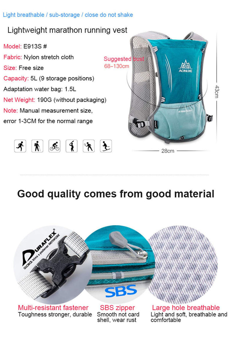 5L Lightweight Running Backpack Outdoor Sports Trail Racing Marathon Hiking Fitness Bag Hydration Vest Pack One Size Black + 500ML Water Bottle