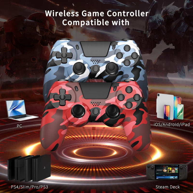 hosowe 2-Pack Wireless Controllers for PS4, Game Controllers Compatible with PS4/Pro/Slim/PC, Dual Vibration, 6-Axis Gyro Sensor, Touch Panel, Built-in Speaker & Headphone Jack, Camouflage Red & Blue Camo Red& Blue