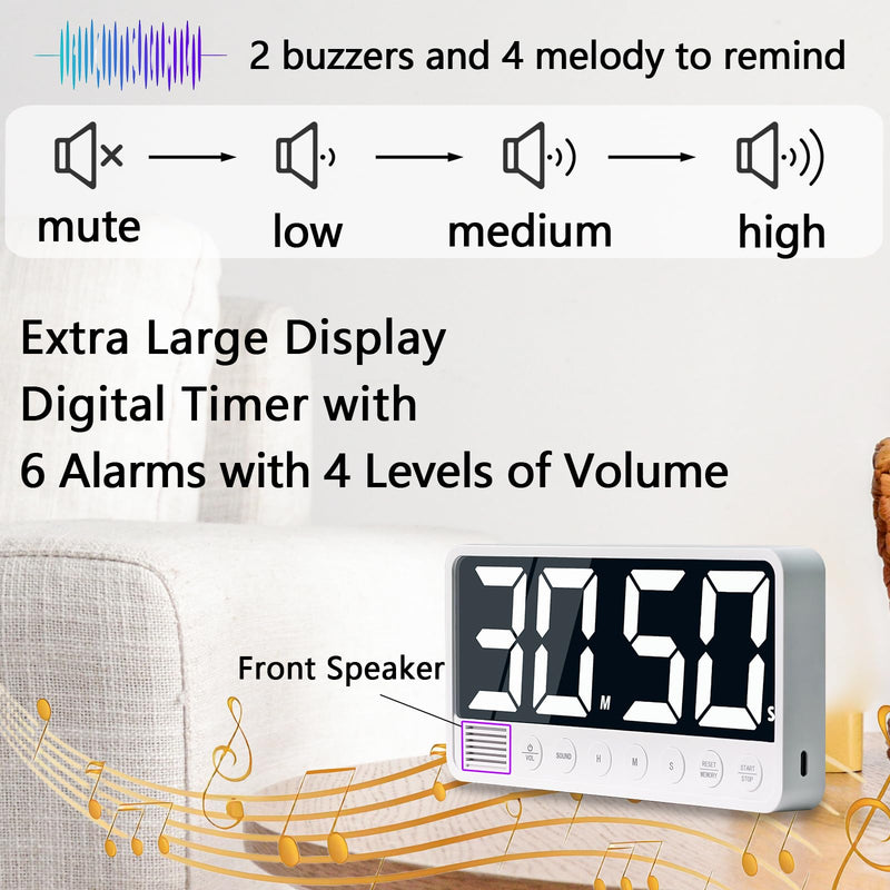 FCXJTU Digital Kitchen Timer - 7.1” Extra Large Display LED Magnetic Rechargeable Countdown/Up Timer, w/6 Alarms 4 Levels Volume Memory Function for Cooking, Classroom, Office, Home Gym(Black) Black