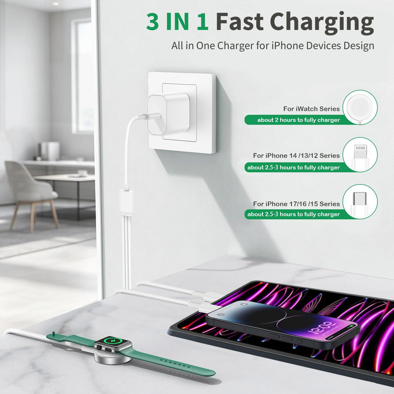 for Apple Watch Charger Fast Charging, 3 in 1 iPhone and iWatch Cable 6FT | with 20W USB C Charger Combo, Compatible with Apple Watch Series Ultra/SE/11/10/9/8/7/6/5/4/iPhone17/16/15/14/13/12/11 Series 6.01FT