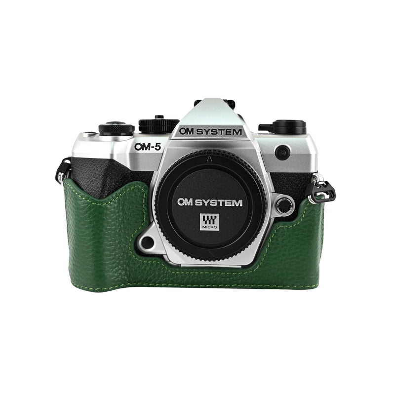 OM-5 Mark II Case, Litchi Handmade Genuine Real Leather Half Camera Case Bag Cover for Olympus System OM-5 Mark II Bottom Opening Version + Neck Strap (Green) Green