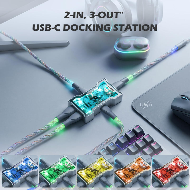 8K USB-C Gaming Dock with Clear Glass Window, Cartoon Print & LED Light | 2-In 3-Out Signal Booster USB C Hub Splitter, Independent Power Supply & CNC Aluminum Shell for Laptop Desk Setup