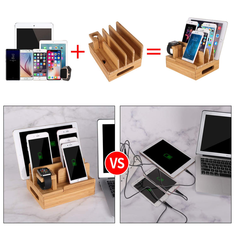 Bamboo Wood Multi-Device Desktop Charging Dock Station Charger Holder Cradle Charge Stand Compatible iPhone 16 15 14 13 Pro Max iPad Mini Pro Air Apple Watch Ulrta 10 9 8 7 6 5 4 3 2 iWatch Smartphone Medium