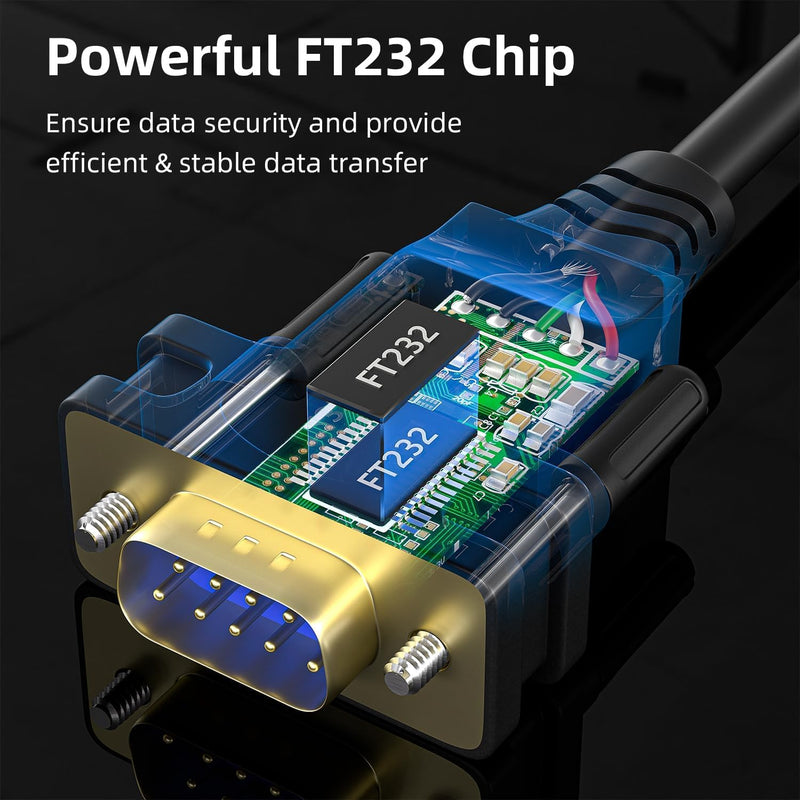 USB Type C to RS232 DB9 Serial Port Adapter Cable, FTDI Chipset, Supports Windows 11, 10, 8, 7 and Mac Linux 6FT USB-C to Serial DB9