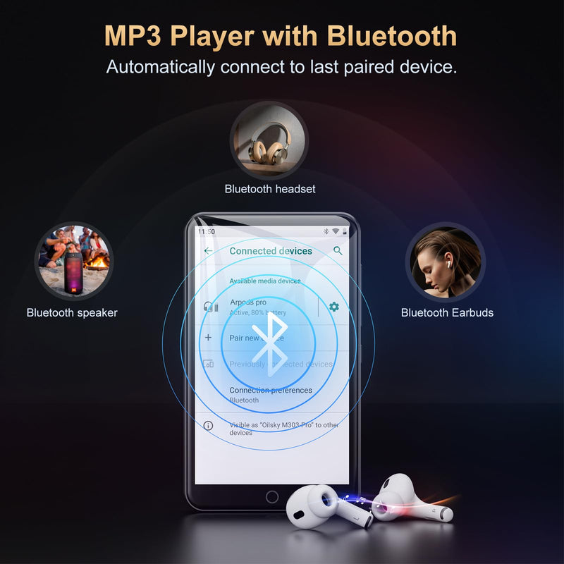 Oilsky 80GB MP3 Player with Bluetooth and WiFi, Mp3 & Mp4 Music Player with Spotify, Amazon Music, Audible, 4.0" IPS Touch Screen Android Player with Speaker, FM Radio, Up to 512GB Black