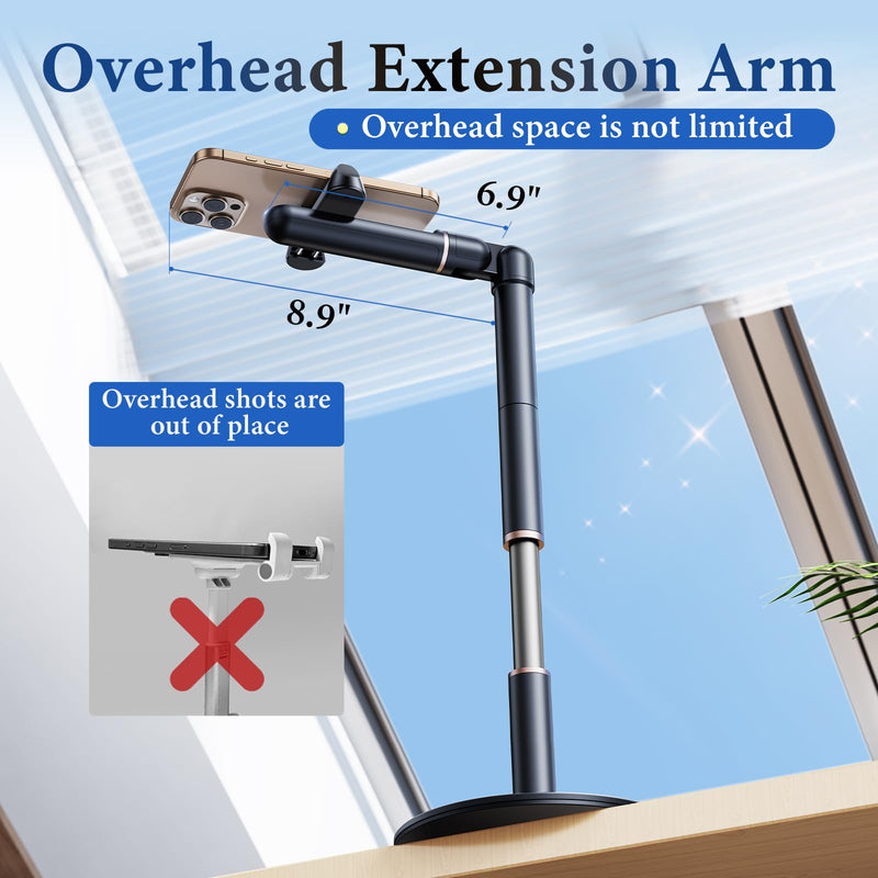 Angle Height Adjustable Phone Holder for Desk [10"-25"] - Retractable Cell Phone Holder for Video Recording Cooking Excising Working Reading -Aluminum iPhone 17 16 15 14 Pro Max Air Stand Clip