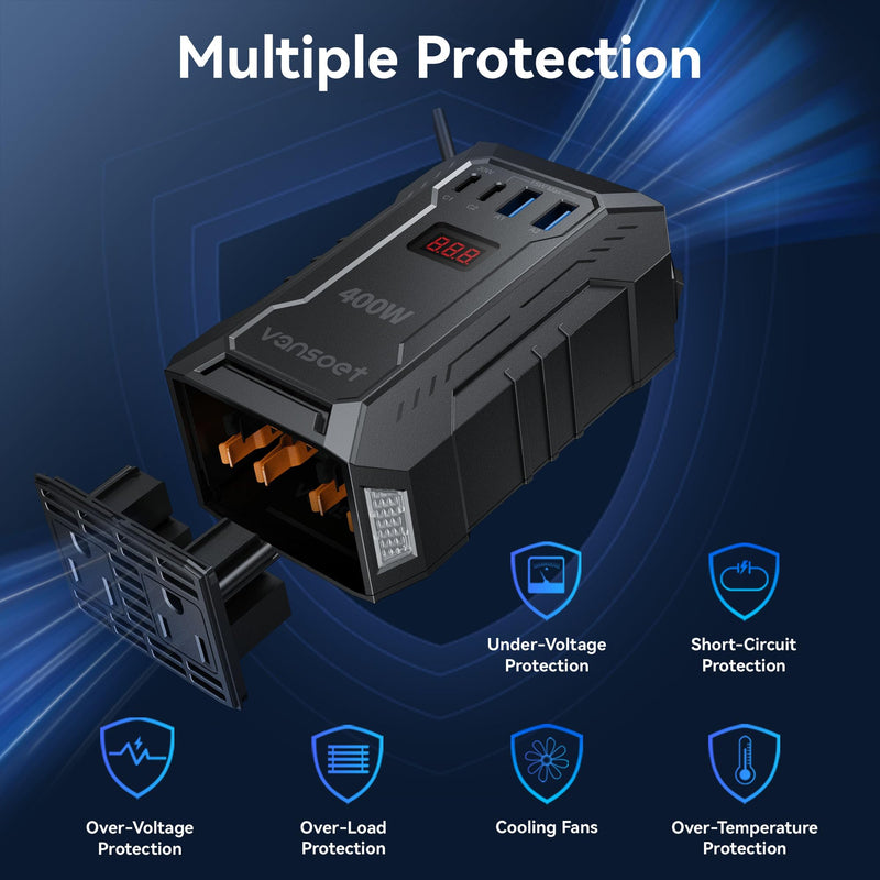 400W Car Power Inverter DC 12V to 110V AC Inverter with PD 30W/15W+2*USB A Ports & 2 AC Outlets for Laptop/Phone/Road Trip