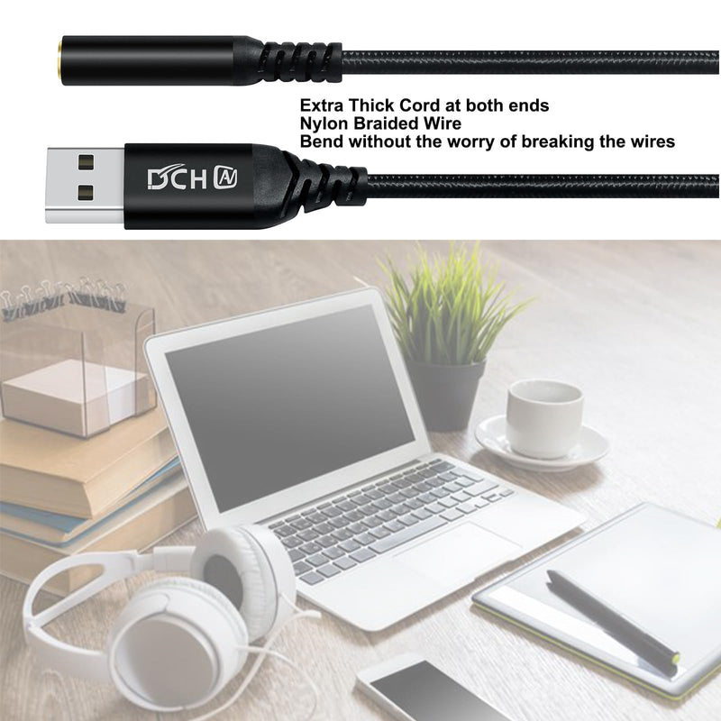 DCHAV USB to 3.5mm Jack Audio Adapter Headphone Microphone External Sound Card AUX USB Type A to 3.5 mm Cable 4 Pole TRRS Female Interface Line Control for PC Laptop Speaker Headset PS4 PS5, Black