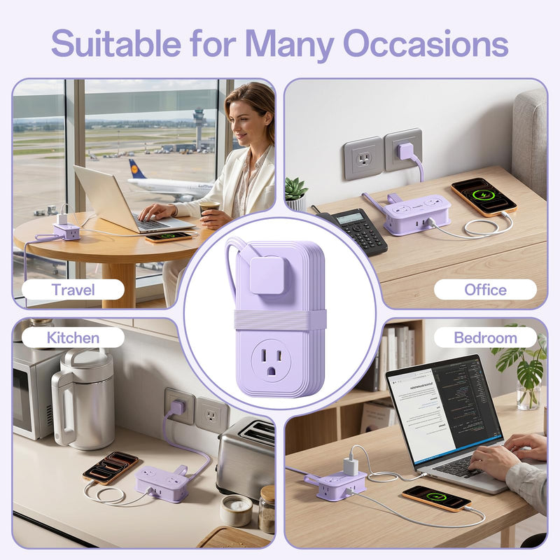 2 Pcs Travel Power Strip, SMALLRT Extension Cord with Multiple Outlets, 3.3FT Wrapped Extension Flat Plug Power Strip with 4 AC Outlets for Travel, Hotel, Cruise Approved, No Surge Protection, Purple 3.3FT-2Pcs
