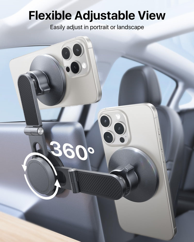andobil Upgrade Tesla Phone Mount [Strong Magnet & Foldable] MagSafe Car Mount for Tesla New Model Y Juniper Model 3, 360° Adjustable Tesla Phone Holder fits iPhone 17 16 15 Pro Max, Tesla Accessories Metallic Sliver