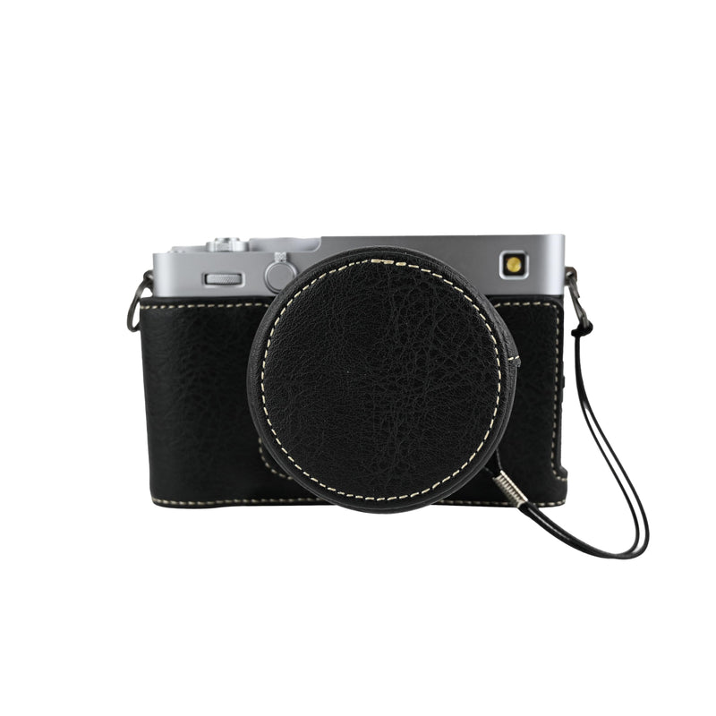 X-E5 Case, Handmade PU Leather Half Camera Case Bag Cover Bottom Opening Version for Fujifilm X-E5 XE5 With Neck Strap Lens Cover (Black) Black