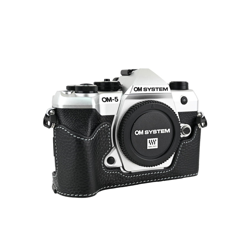 OM-5 Mark II Case, Litchi Handmade Genuine Real Leather Half Camera Case Bag Cover for Olympus System OM-5 Mark II Bottom Opening Version + Neck Strap (Black) Black