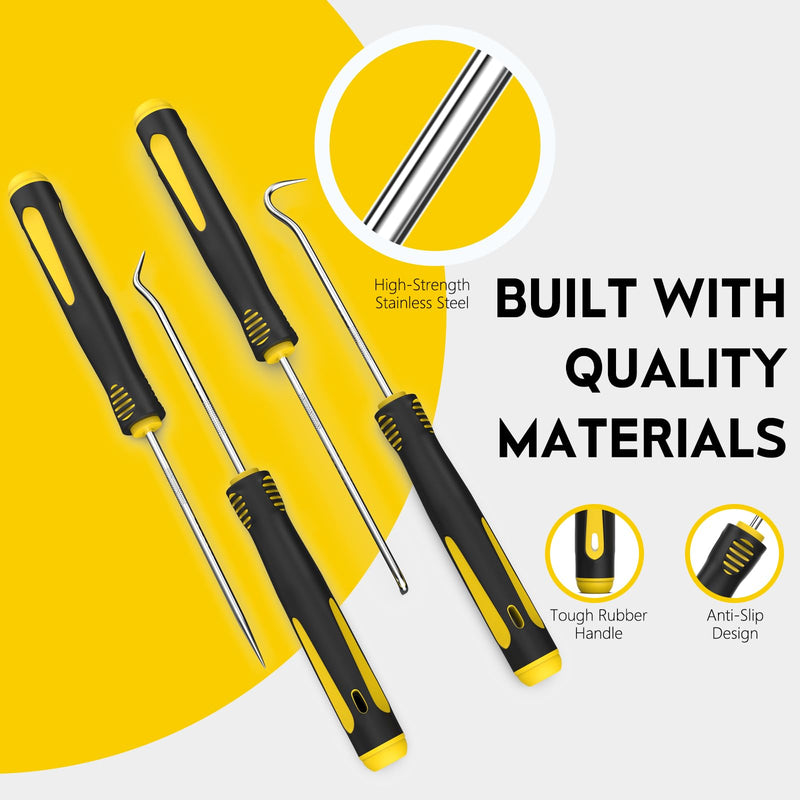 Precision Hook and Pick Set, 4-Piece Automotive O Ring Pick Set, Mechanic Pick Tools with Ergonomic Handle, Knurled Shaft for Automotive, Electronics, Gunsmith Tools