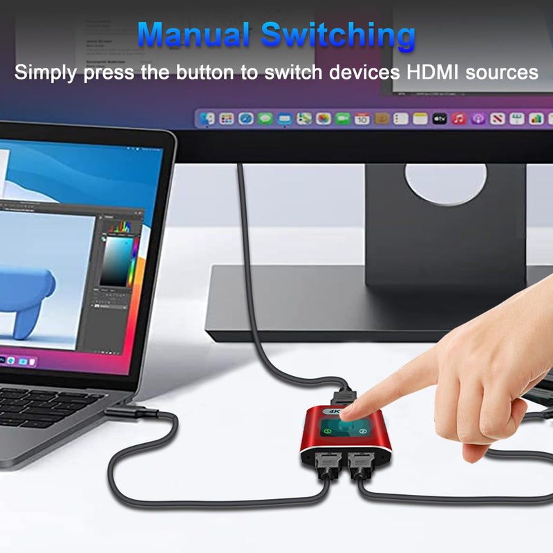 HDMI Switch Splitter 4K@60Hz, Aluminum Bi-Directional HDMI 2.0 Switcher, HDMI Splitter 1 in 2 Out/ 2 in 1 Out, Support 4K 3D HDR for Xbox, PS5/4/3, Fire Stick, Roku, HDTV, Projector, Computer(red)