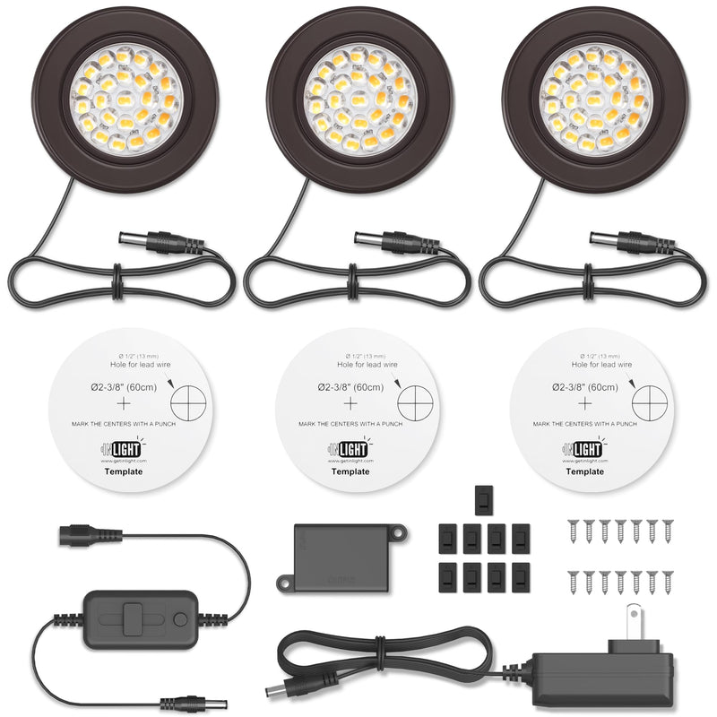 GETINLIGHT 2.5" Wide 3000K Dimmable LED Puck Lights Kit, Plug-in Installation with Recessed or Surface Mounted, Bronze Finish Over Metal Construction, Set of 3, IN-0113-3-BZ Matte Bronze 3-Puck Kit
