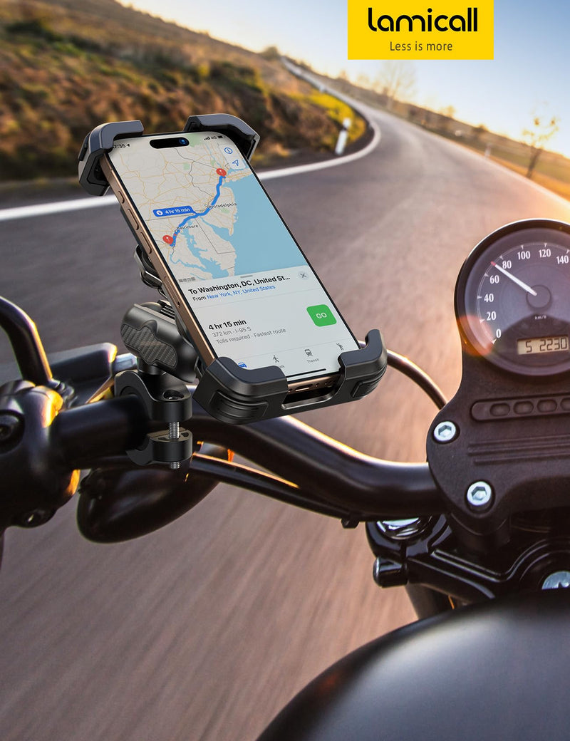 Lamicall Motorcycle Phone Mount Holder - [Metal Extension Arm] [Dual Vibration Dampener] Motorcycle Cell Phone Mount, Bike Bicycle Handlebar Phone Clamp, for iPhone 16/15/ 14 Pro Max, 4.7-6.7" Phones